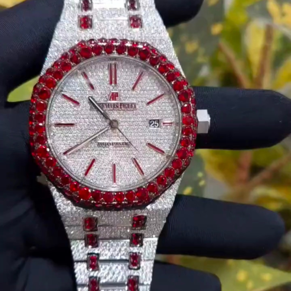 Custom AP Full Iced Out VVS Moissanite Studded Red Diamond Bezel Watch