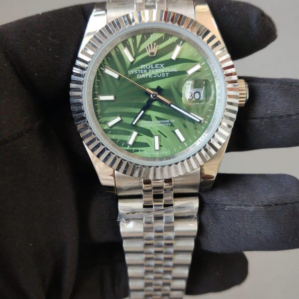 Rolex Datejust 41mm Green Palm Dial Fluted Bezel Jubilee watch.