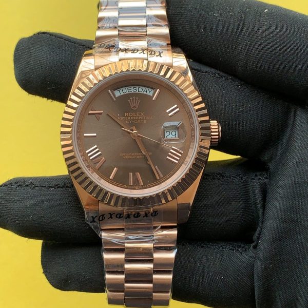 Rolex Day-Date 40MM Chocolate Roman Dial fluted bezel 228235