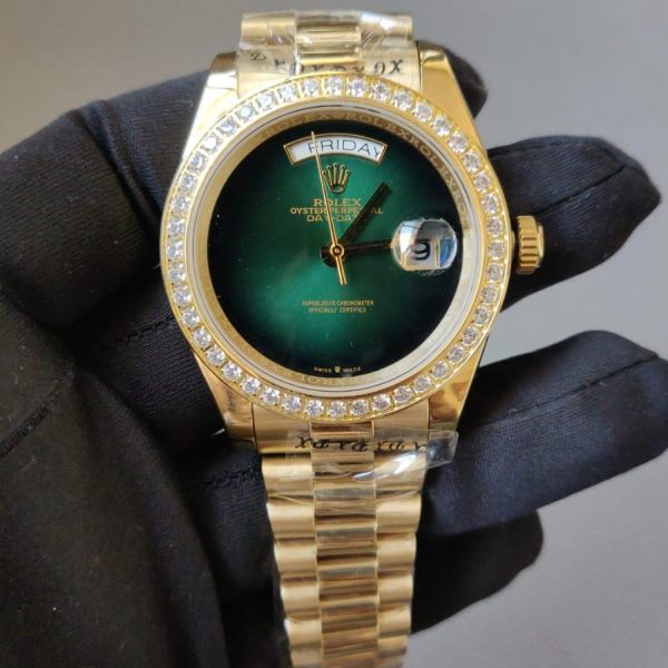 Rolex Men Day-Date Malachite Green Marble Dial-Diamond Bezel Watch