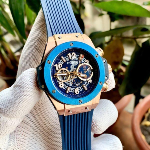 Hublot Big Bang Unico King Gold Blue Skeleton 45mm Dial Bezel Rubber Strap Mens Watch 411.OX.5189.RX