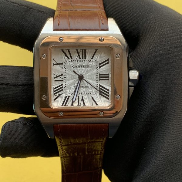 Cartier Santos 100 Large Rose Gold White Dial Leather Watch W20107X7