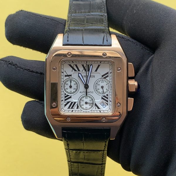 Cartier Santos 100XL Chronograph Rose Gold White Dial Leather Watch