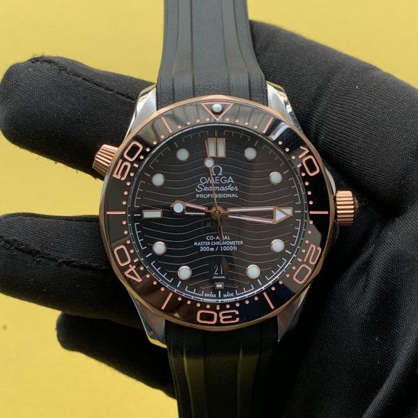 Omega Seamaster 42mm Black Dial Rose Gold & Steel Men's Watch Rubber Strap