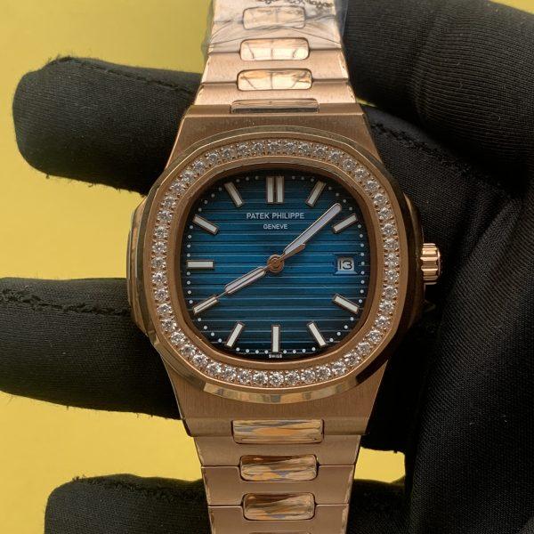 Patek Philippe Nautilus Blue Dial Diamond Bezel Rose Gold Men's Watch