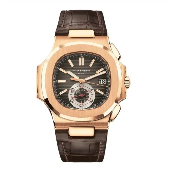 Patek Philippe Rose Gold Nautilus 5980R-001 Black Dial Leather Strap Men's Watch