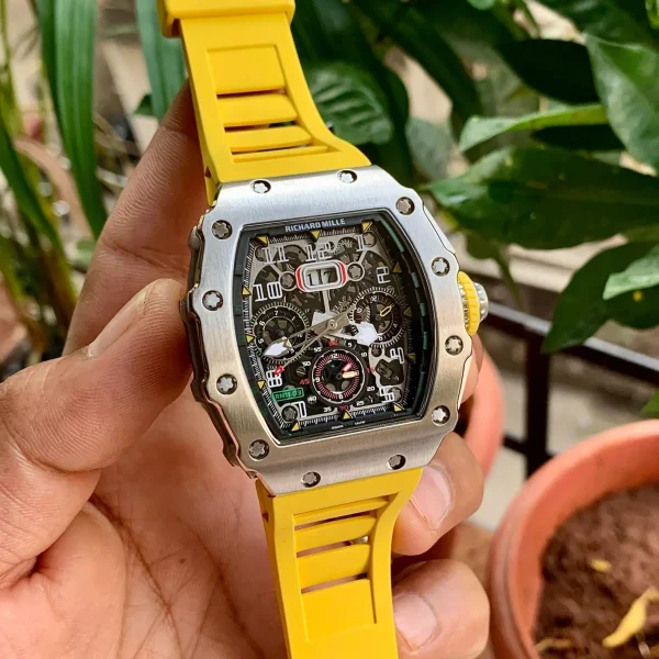 Richard Mille 11-03 Automatic Transparent Dial Stainless Steel Yellow Rubber Belt Men’s Watch
