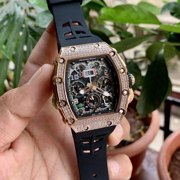 Richard Mille RM 11-03 Rose Gold Gem Set Chronograph Rose Gold Rubber Black Band Men’s Watch