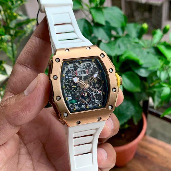 Richard Mille RM 11-03 Flyback Chronograph Rose Gold Stainless Steel Rubber White Band Men’s Watch