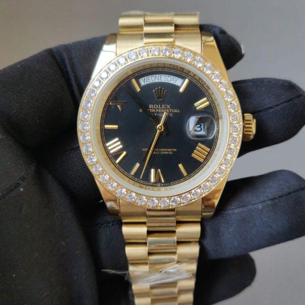Rolex Day-Date 40MM Black Roman Dial Diamond Bezel President Bracelet 228348A