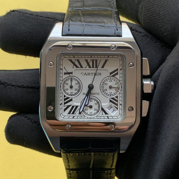 Cartier Santos 100XL Chronograph White Gold White Dial Leather Watch